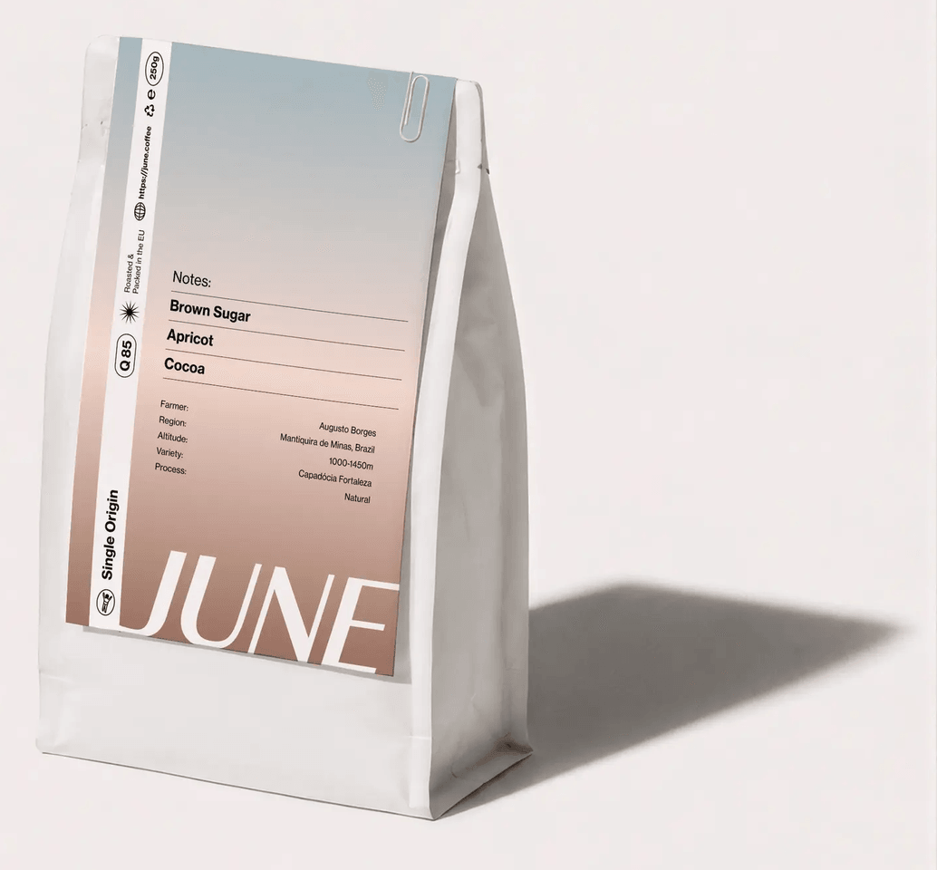 A 250g bag of June single origin — Brown Sugar, Apricot, Cocoa